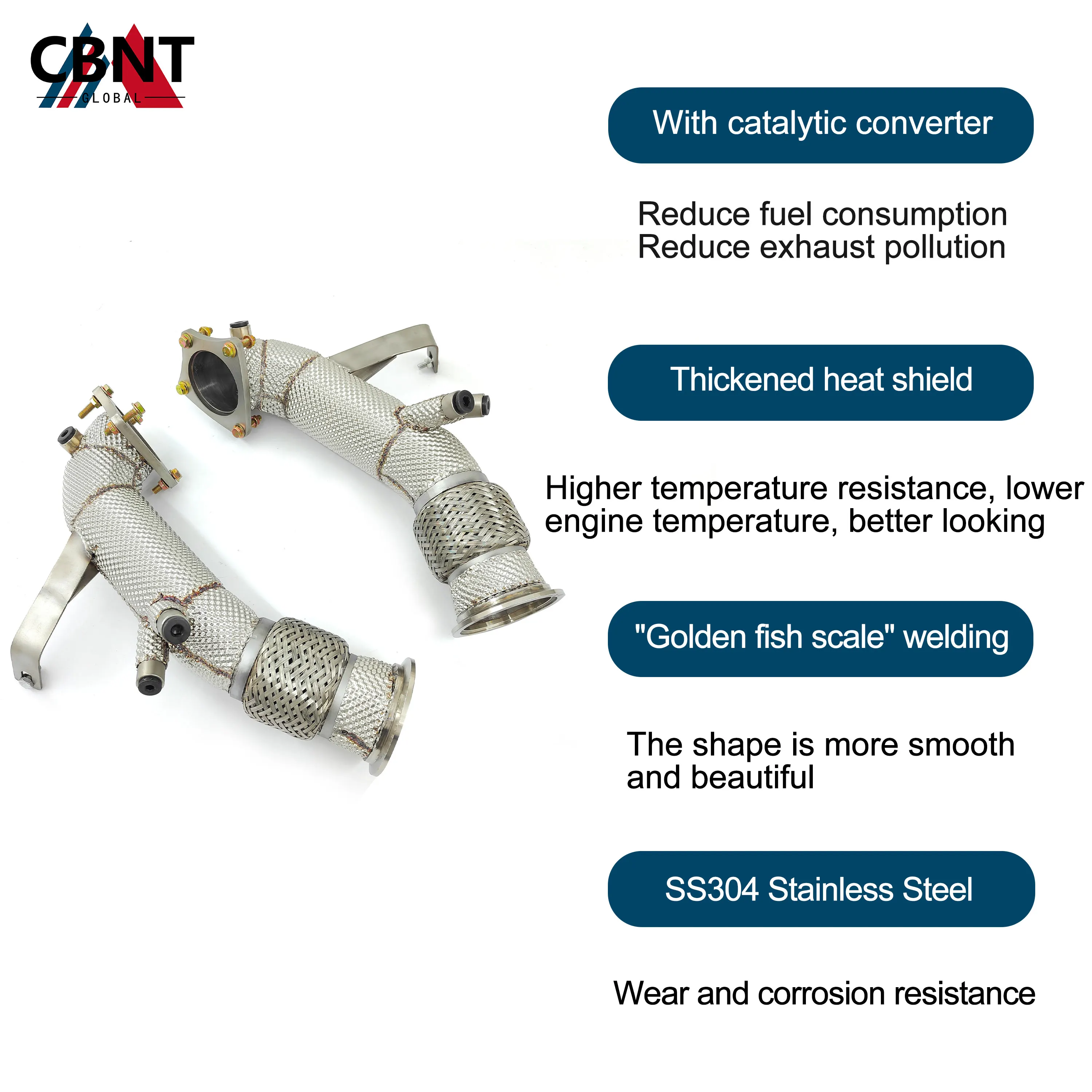 الأنابيب الأمامية CBNT لأودي R8 V10 5.2L جودة عالية SS304 تدفق حر الأنابيب الثانوية ماسورة العادم النازل مع درع الحرارة
