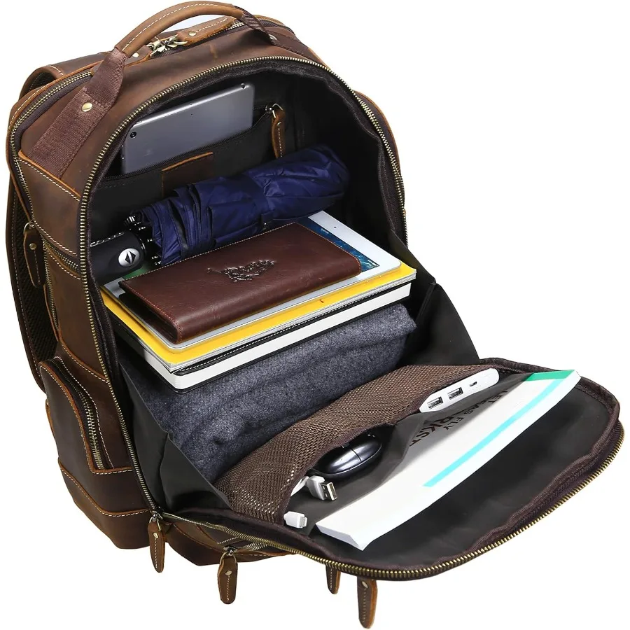 حقيبة ظهر LANNSYNE للرجال من الجلد المحبب بالكامل مقاس 15.6 بوصة للكمبيوتر المحمول والتخييم والسفر 24 لتر #5