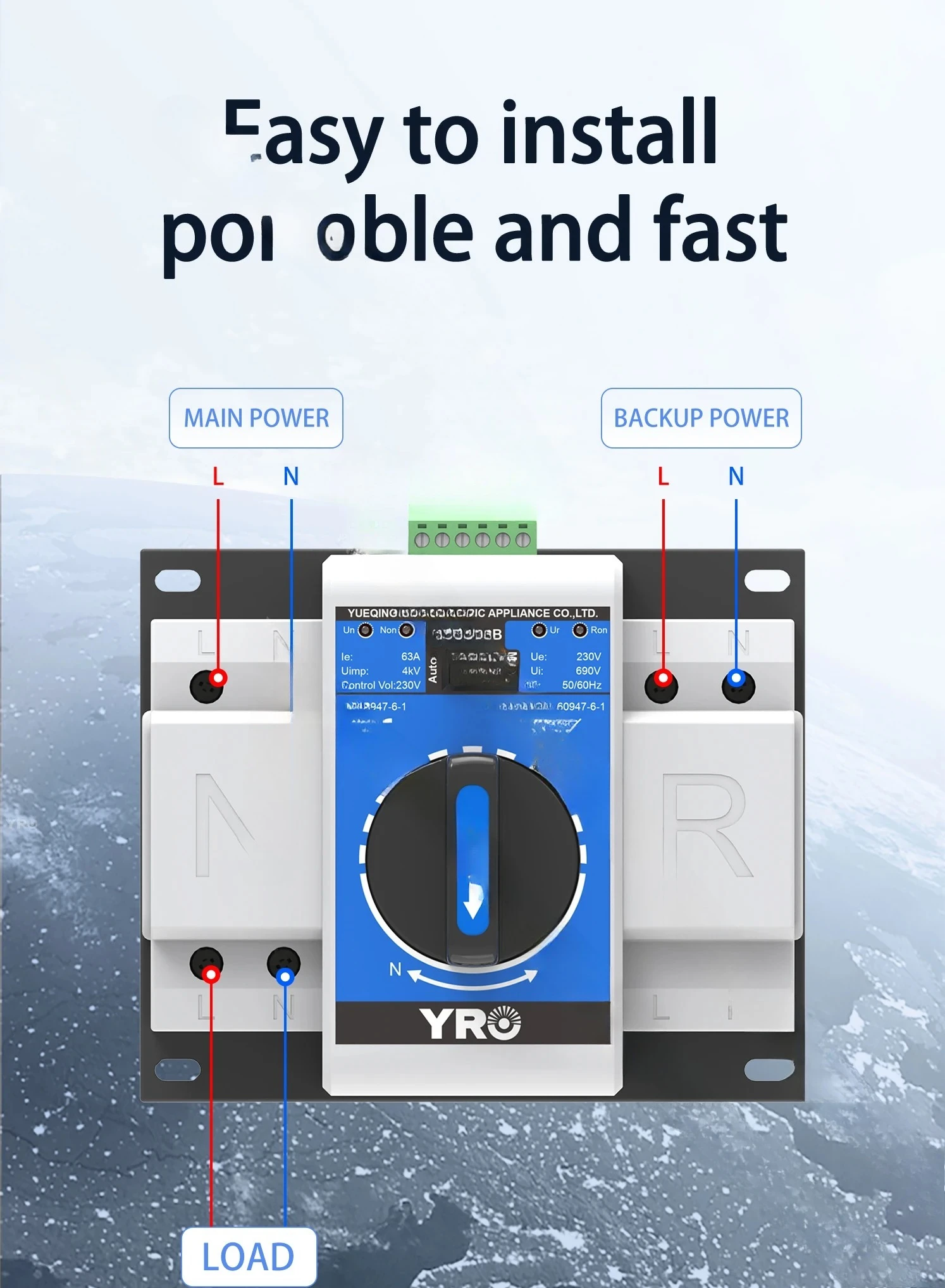 YRO Dual Power Automatic Transfer  Changeover 32A 63A 2P Automatic Transfer for Power Generator