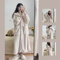 Autumn Winter Long Nightgown Women 2024 New Fashion Loose Casual CORAL FLEECE Housecoat Hooded Pure Colour Outerwear Female