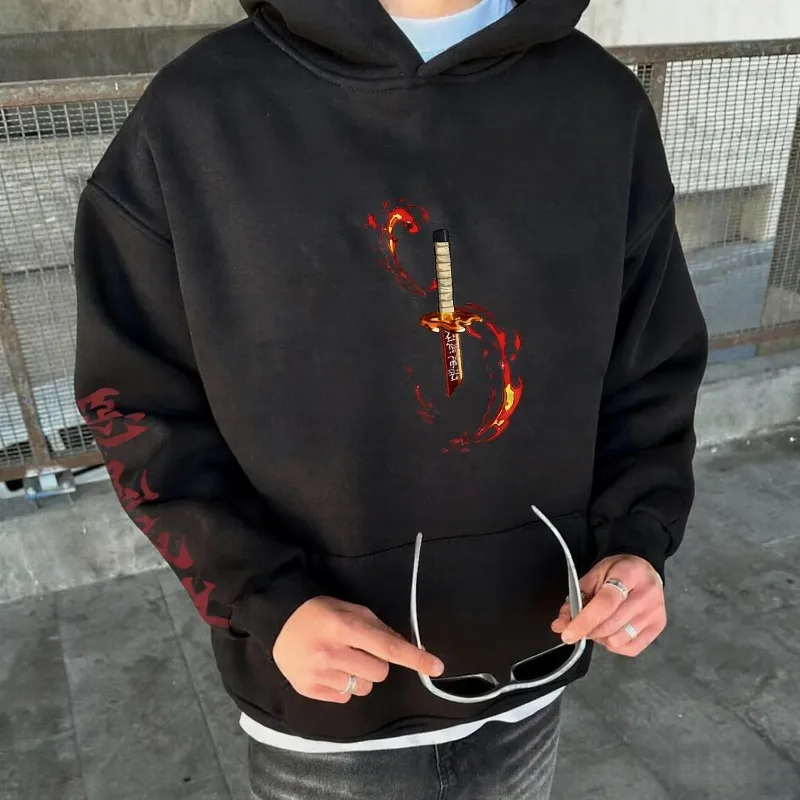 Outono inverno hoodies masculinos anime japonês demon slayer diversão gráficos roupas oversized 100% algodão topos y2k pulôver causalwear