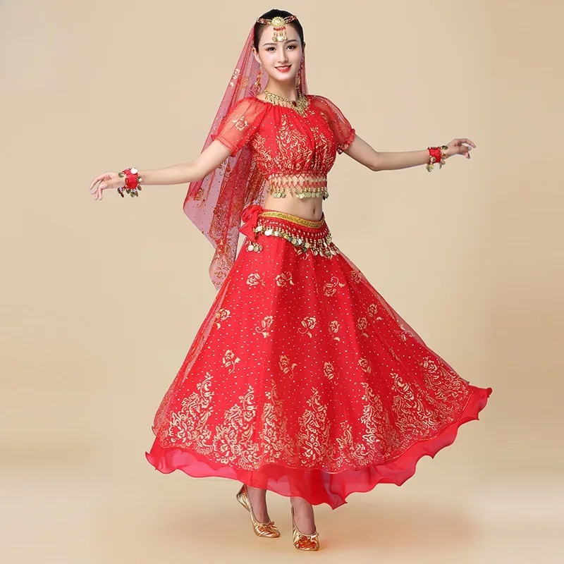 Nuevo traje de danza étnica estilo Xinjiang traje de danza del vientre indio Chiff en vestido de actuación conjunto para adultos