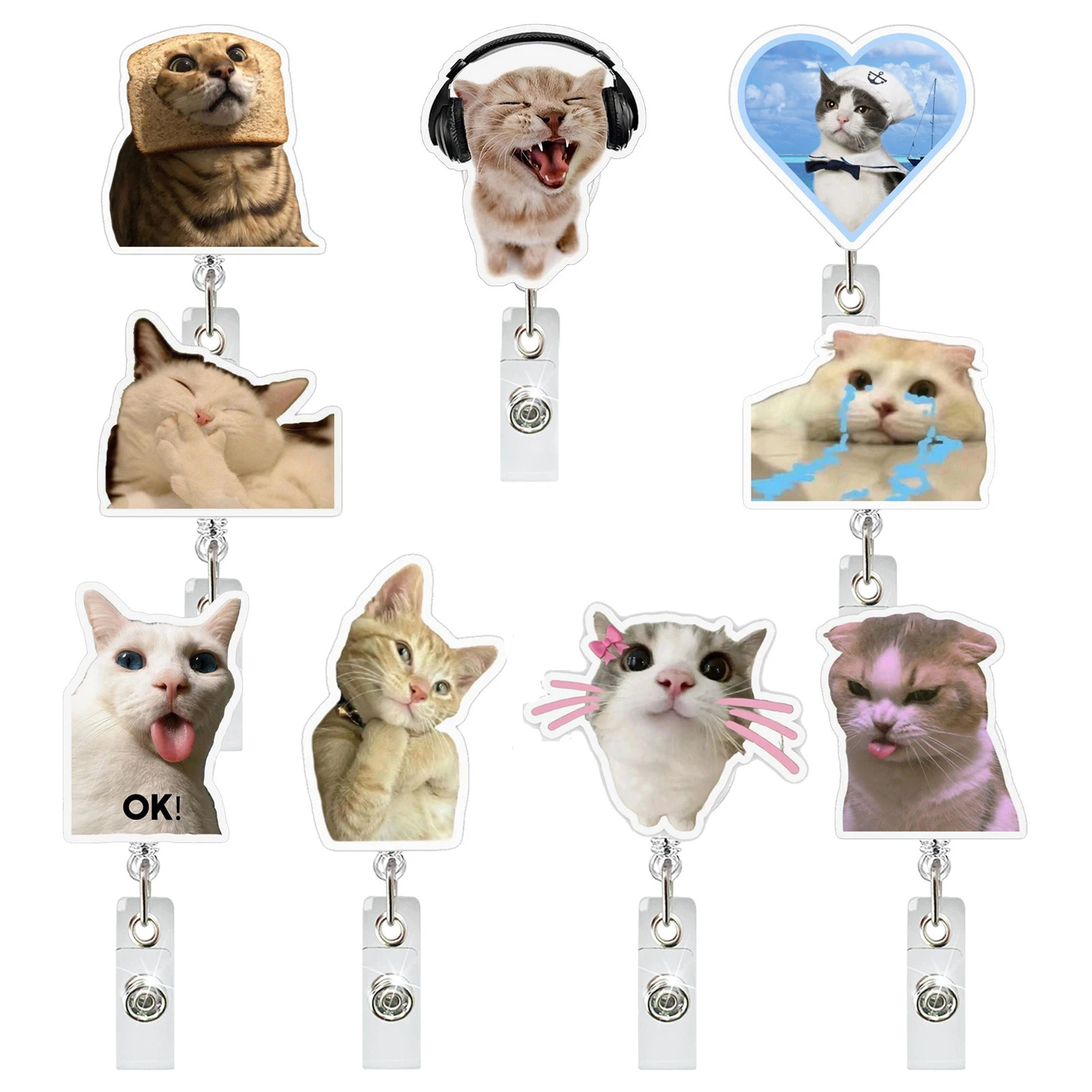 Funny Cat Expression Retractable Hospital Nurse Badge Holder Reel Cute Cartoon Meow Id Tag Work Card Holder Keychains