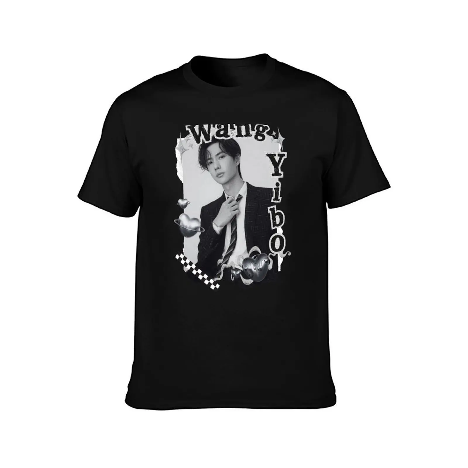 Wang Yibo C-Drama Actor Black and White Collage Design T-Shirt Casual All Match Tee Shirt for Men T-Shirt