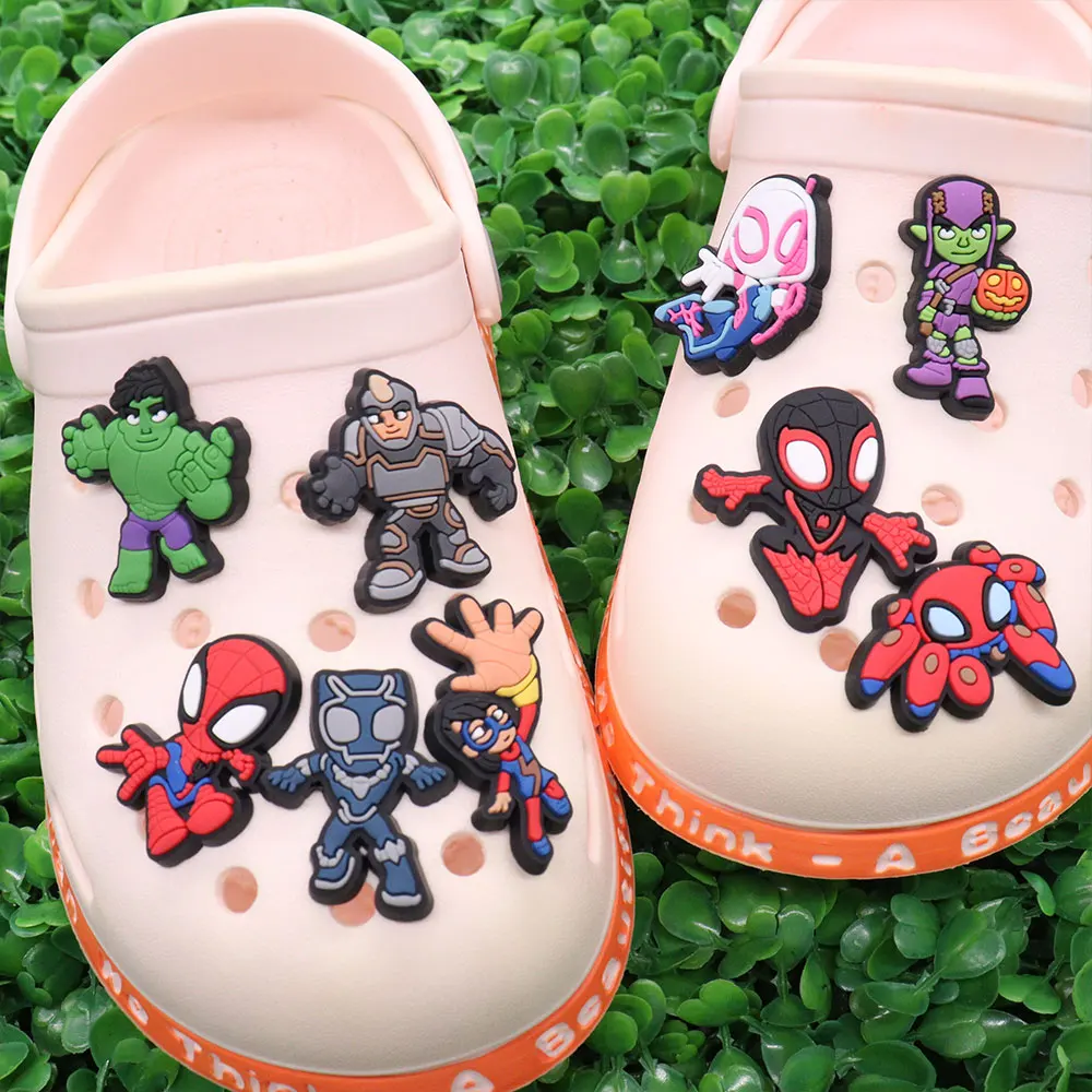 

Wholesale 50pcs PVC Shoe Charms Spider-Man Spider Gwen Green Goblin Accessories Sandal Decoration For Kids X-mas Gifts