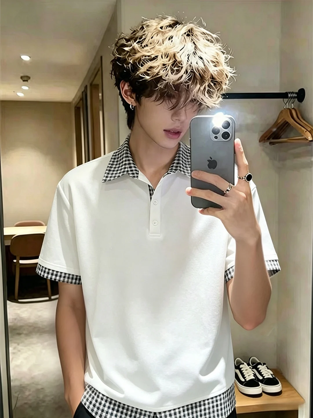White Shirt Short Sleeve Plaid Patchwork Fake Two-Piece Men's Summer CleanFit High-End T-Shirt Casual Style Breathable C...