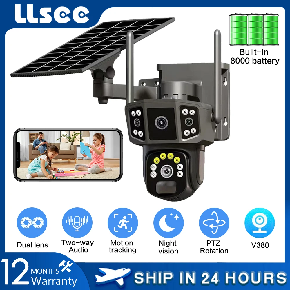 LLSEE V380,4K dual lens,10X,outdoor security network camera,wireless WIFI solar closed-circuit television,4G sim solar camera