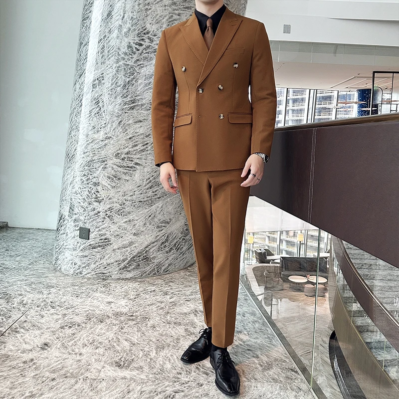 (Jackets+Vest+Pants) New Style Three-piece Double-Breasted Suits/Male Solid ColorBusiness Blazers Man Slim Groom\'s Wedding Dress