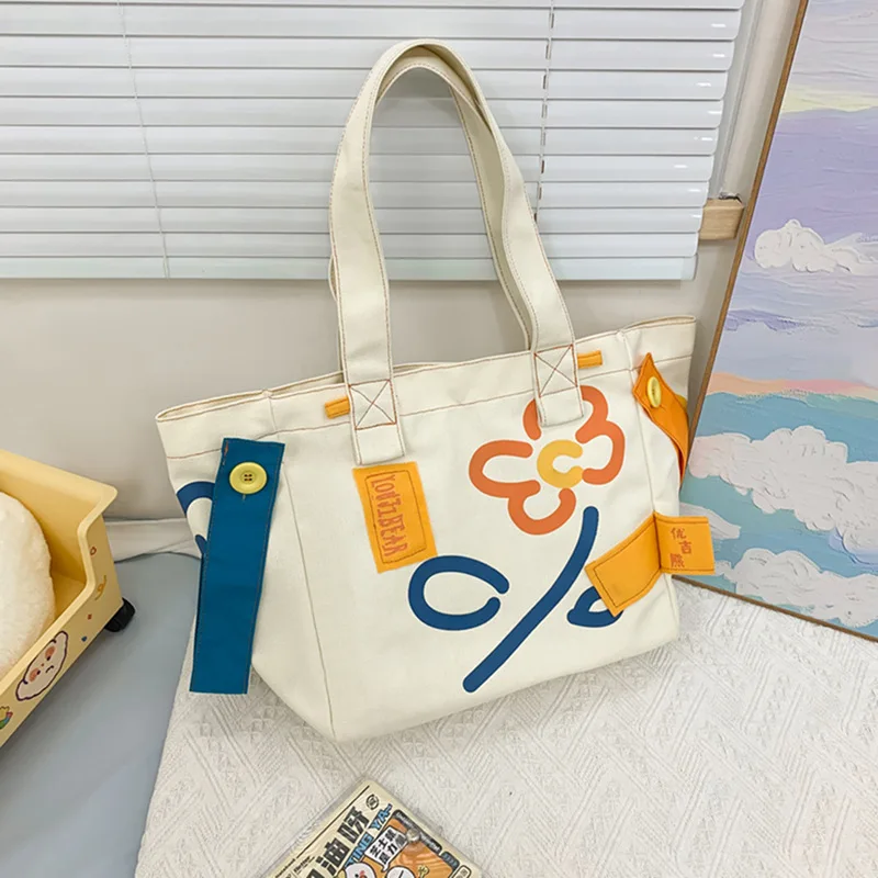 Large Capacity Tote Bag Printed Handbag New Contrasting Color Painted Letters Canvas Bag Commuter Shoulder Women's Bag