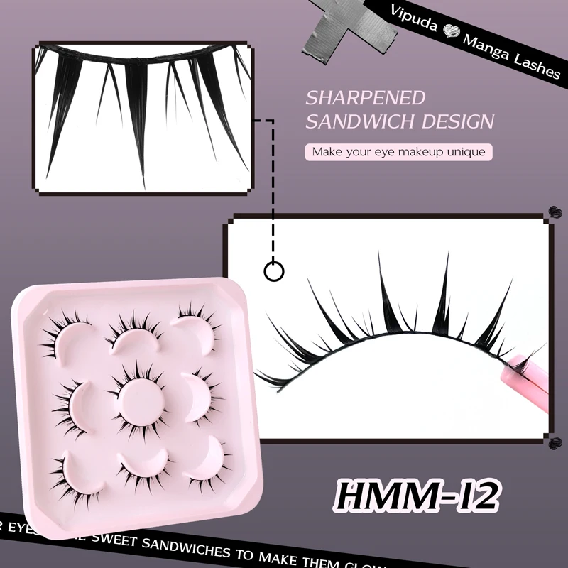 5Pairs Manga Lashes Natural Look Anime Lashes Thin Band Natural Spiky 3D Faux Mink Lashes Short Fluffy Soft Cross Cute Lashes