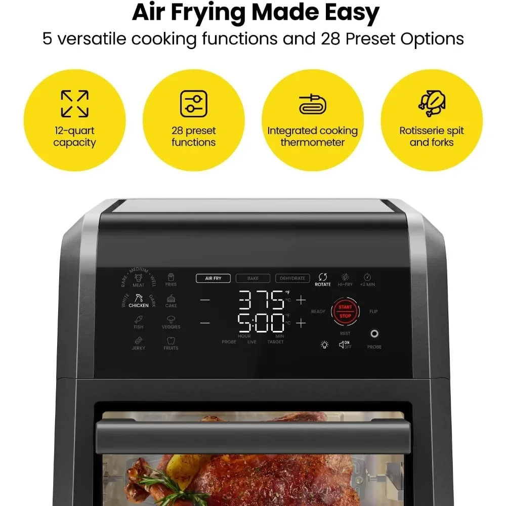 12 Quart 5-in-1 Air Fryer with Integrated Smart Cooking Thermometer, 28 Touchscreen Presets