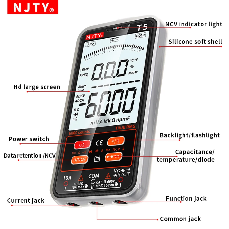 NJTY Smart Digital Multimeter AC DC 600V Voltage 10A Current True RMS Multimetro 6000 Counts Ohm Professional Electrician Tester