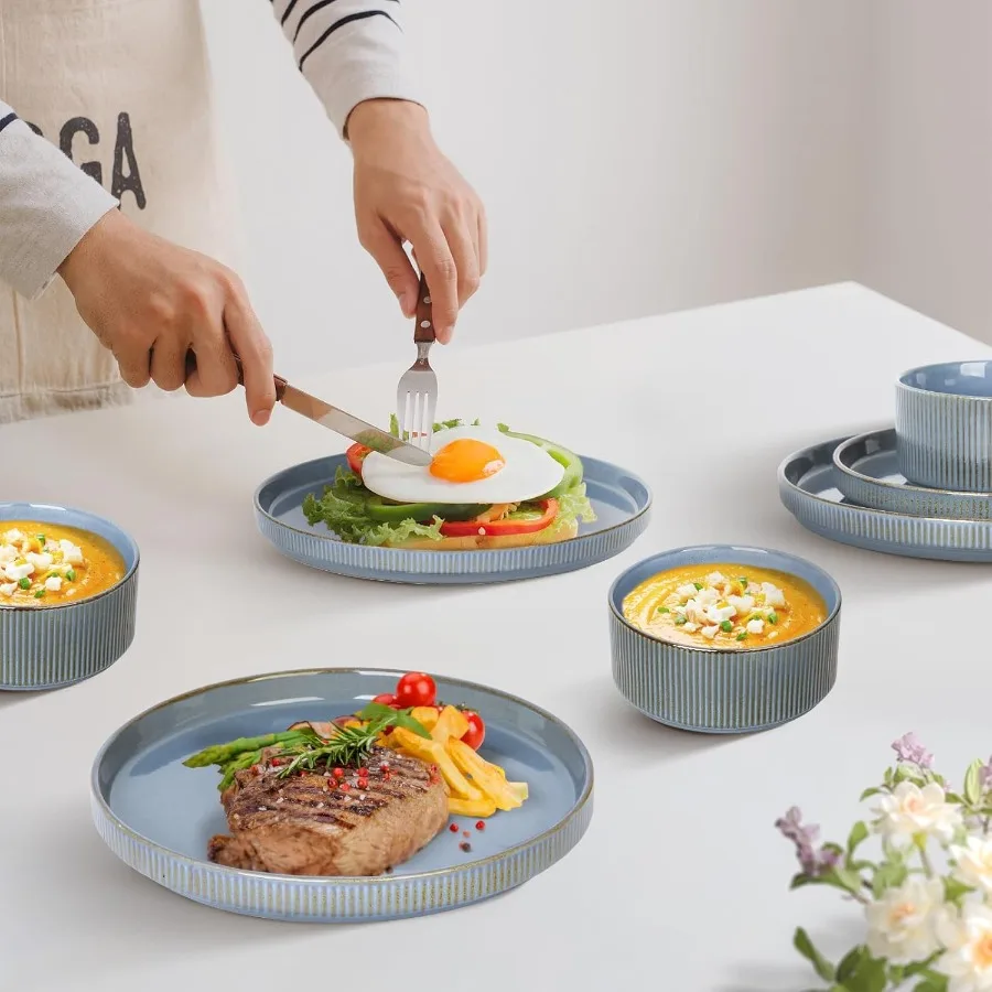 Ceramic 18Pcs Dinnerware Sets for 6 People Stoneware Plates and Bowls Set with Ribbed Design Chip Scratch Resistant Handmade Re