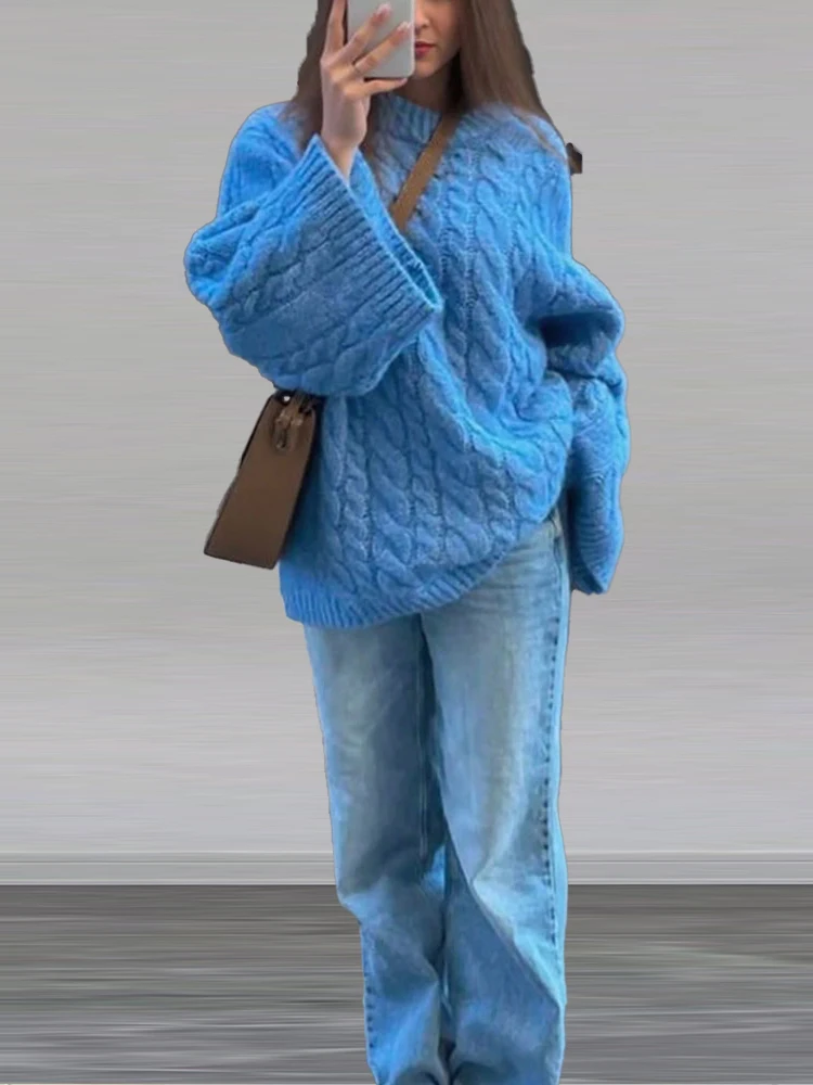 New Fashion Blue Twisted Women's Knit Sweater Casual Warm O Neck Puff Sleeve Loose Pullover Autumn Winter Women's Clothing Tops