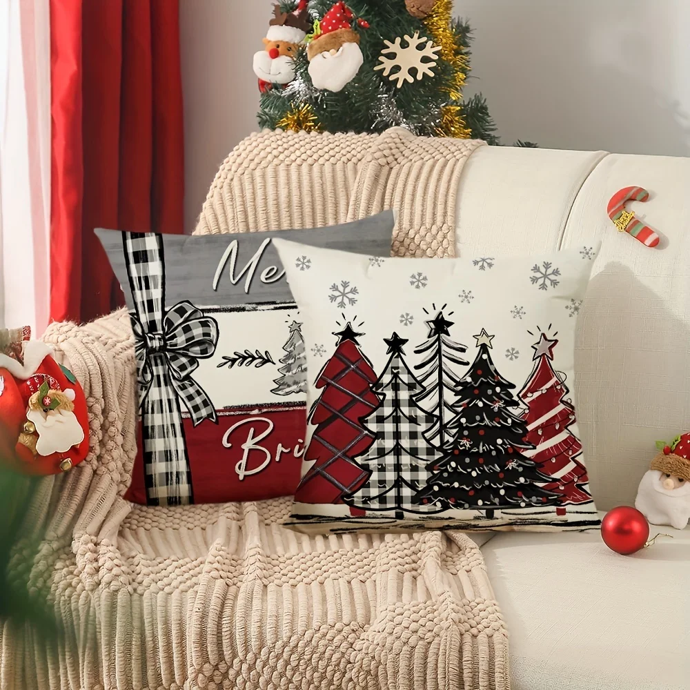 4-Piece Pillow -18 X 18 Inch Christmas Tree Winter Farmhouse Holiday Happy Bright Cushion Home Sofa Decoration Linen Blended