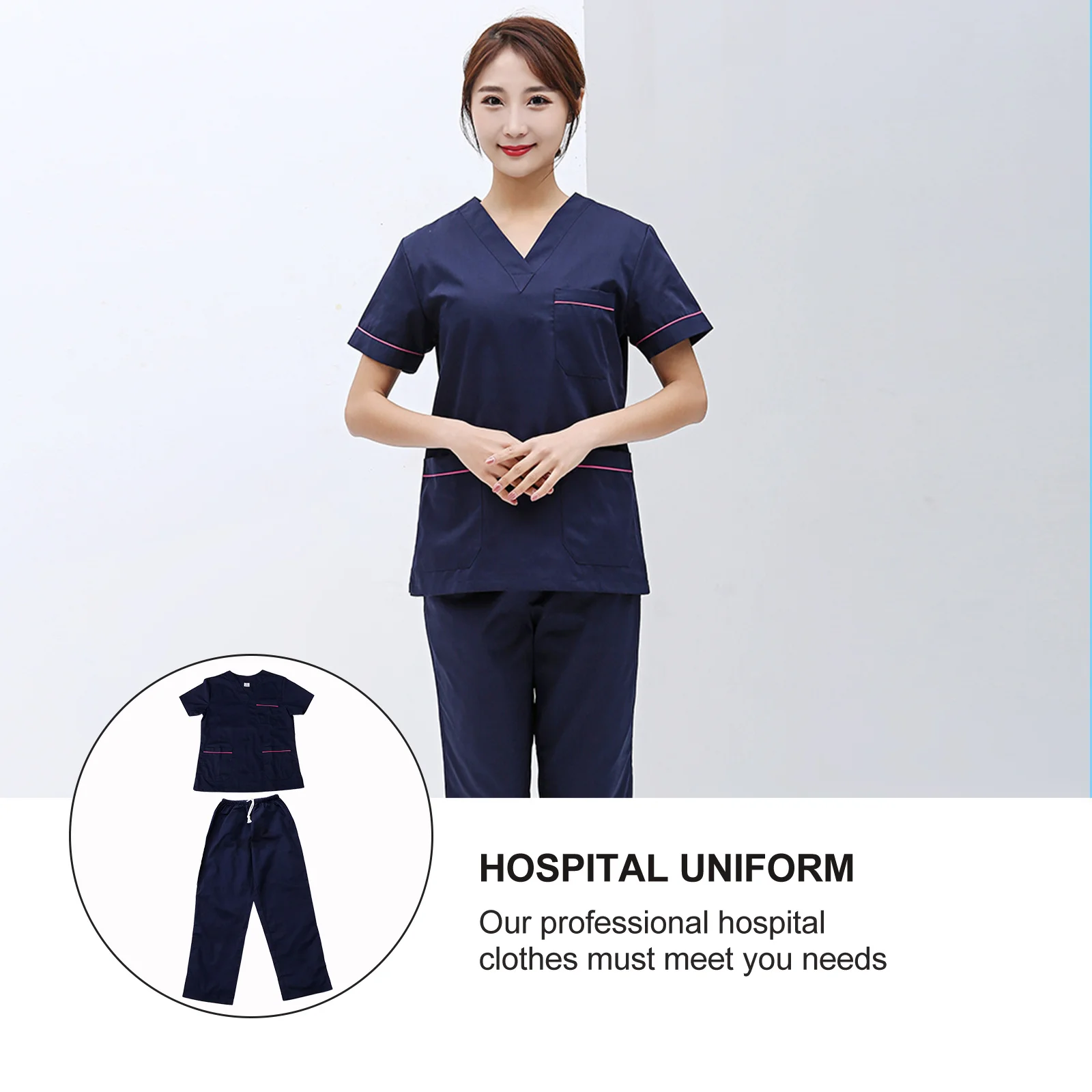 Uniforme de soins infirmiers deux pièces bleu marine, vêtements de travail d'hôpital en coton à manches courtes, combinaison de travail à col en v pour laboratoire de clinique, 1 ensemble