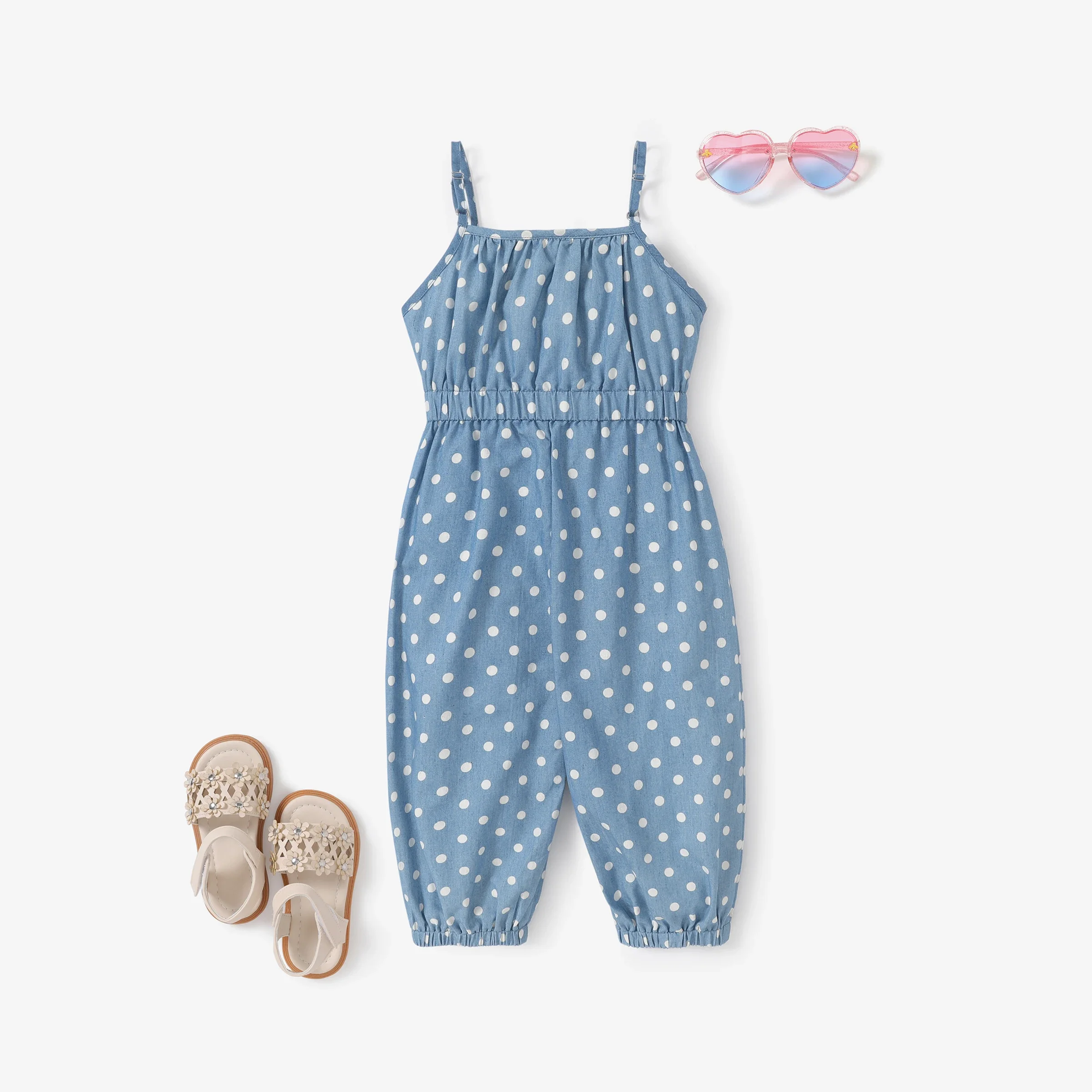 PatPat Toddler Girl Polka dots Bowknot Design Denim Cami Jumpsuits Perfect for Outings and Daily Wear Basic Style