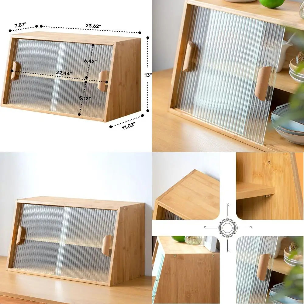 

Бамбуковый кухонный шкаф-панильер со стеклянными дверцами, регулируемыми полками для хранения посуды, бутылок и прочего, отделка цвета Burlywood