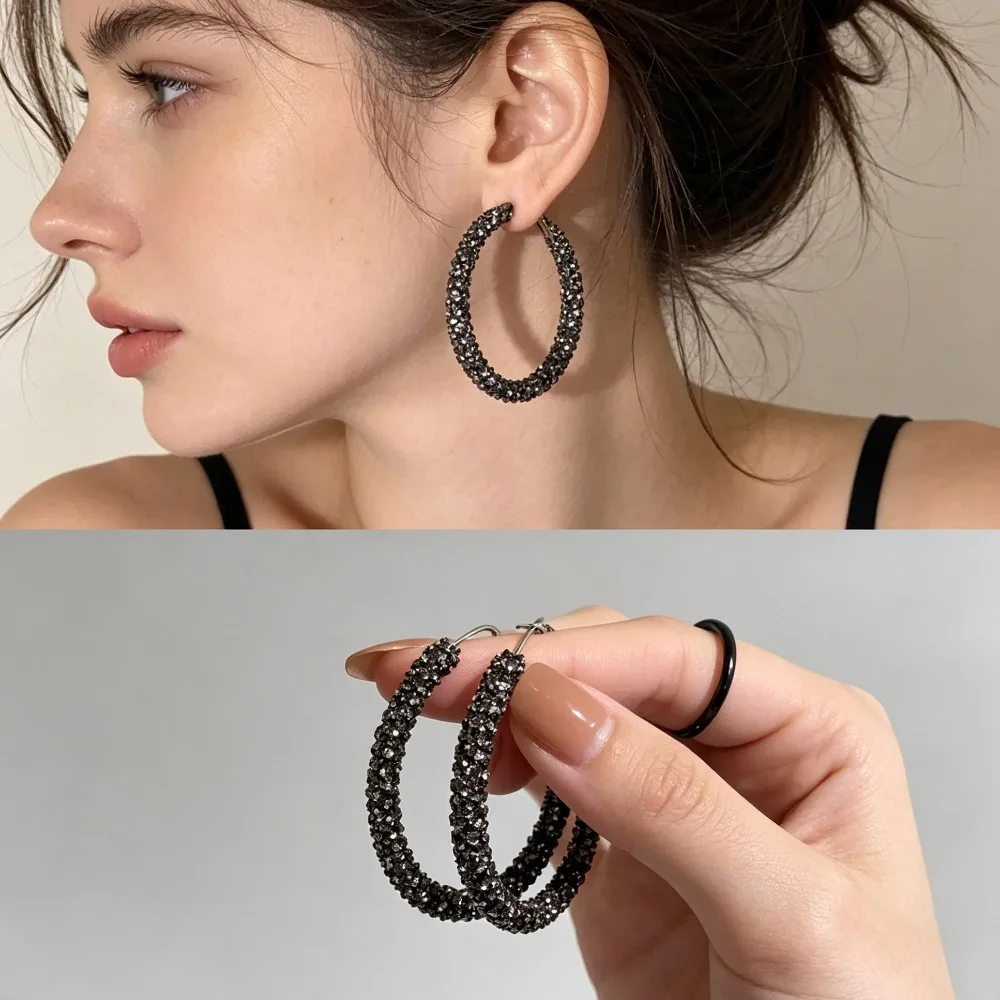 Black Large Circle Zircon Hoop Earrings Luxury High Sense Temperament Fashion Jewelry for Women Party Daily Wear