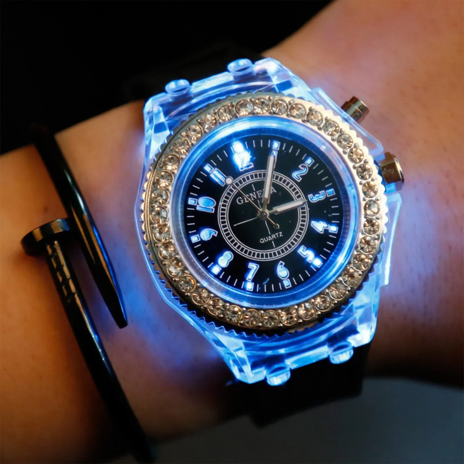 Geneva LED Luminous Quartz Watch Rhinestone Bezel Transparent Case Silicone Wrist Watch for Men Women