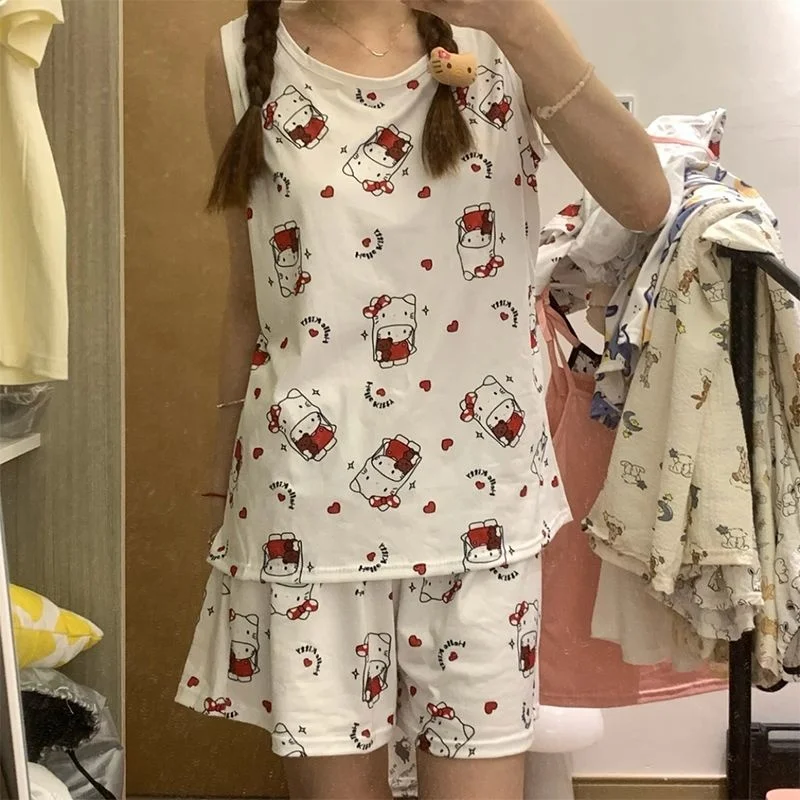 Sanrio Hello Kitty pantaloncini del pigiama Kawaii modello del fumetto o-collo bretelle top pantaloncini due pezzi set Casual casa abbigliamento