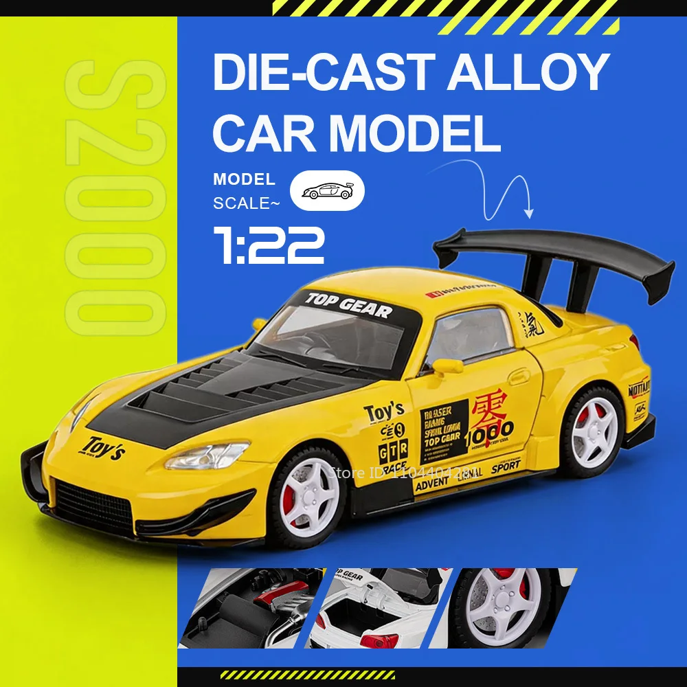 

1:22 Honda S2000 C8 Miniature Model Toy Diecast Alloy Car Sound Light Pull Back Rearview Mirror Folding Cars Children's Day Gift
