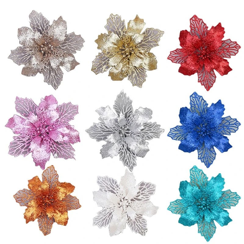 10 stks 11 Grote Kunstmatige Glitter Bloem Kerstboom Hangers Ornament DIY Xmas Party Decoratie