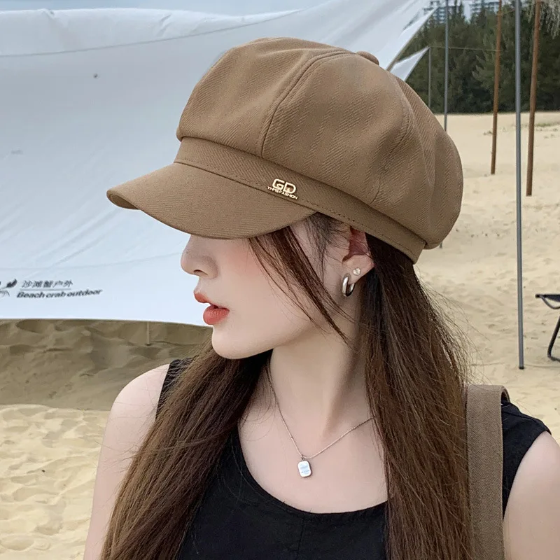 New women\'s thin section cap Elegant art style duck tongue hat pure color versatile octagonal cap literary newspaper boy hat