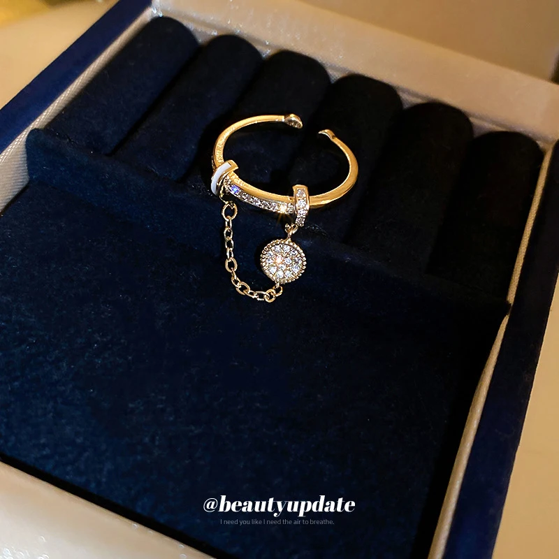 Exquisite Zircon Studded Diamond Dripping Oil Circular Chain Adjustable Tassel Ring Women Fashionable Luxurious Party Accessory