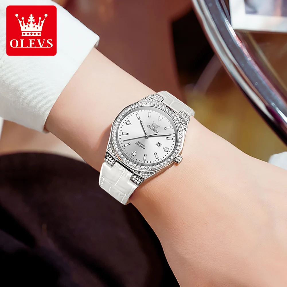 OLEVS 5606 Women Watch Quartz Wristwatch Leather Strap Waterproof Luminous  Diamond Date Watch Bracelet Set Reloj Mujer Original