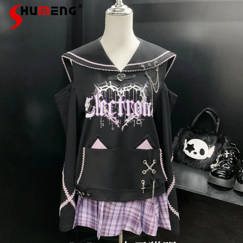 

Autumn 2025 Heavy Industry Chain Sweatshirt Jacket Japanese Original Design Subculture Navy Collar Off-Shoulder Loose To Hoodies