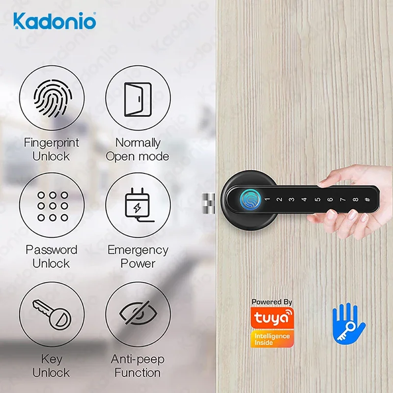 004 Kadonio Tuya Smart Handle Fingerprint Password Key Unlock Digital Door Lock App Remote For Bedroom Home