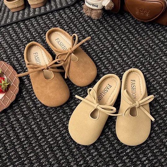 

2025 New Fall New Baotou Children Round Head Deep Bow Flat Low Top Slippers