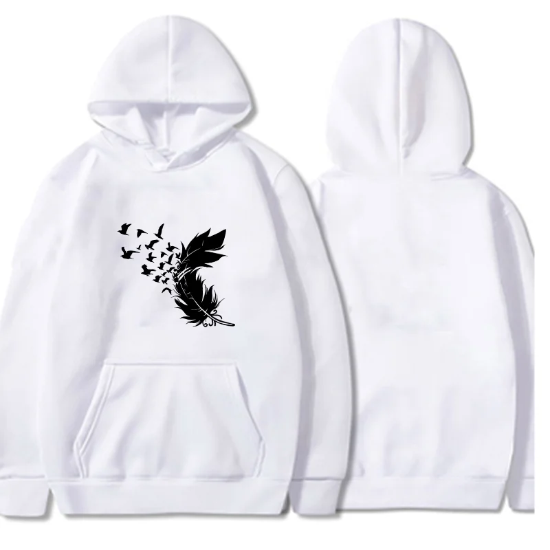 2024 Womens New Autumn Casual Hoodie, Solid Color Long Sleeve Basic Large Pocket Hoodied Fashion Casual Feather Printed Warm Top
