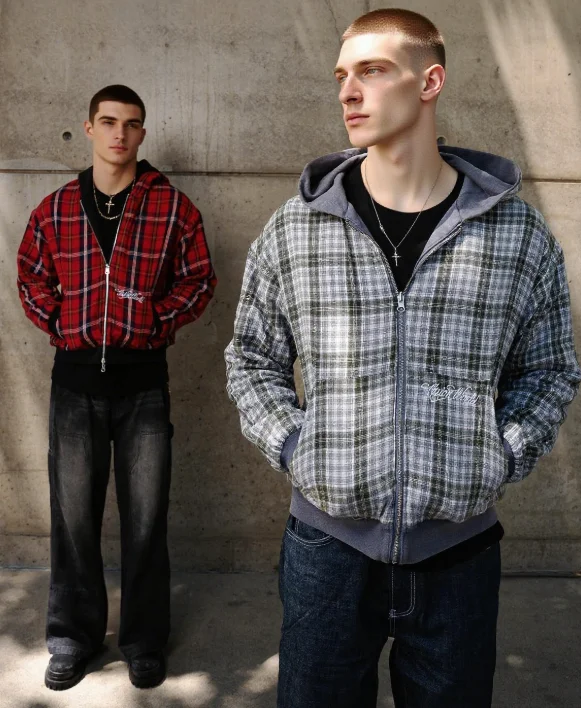 Spring and Autumn New American Trendy Brand Double Sided Stand Up Hoodie, Cardigan, Casual Workwear, Plaid Jacket