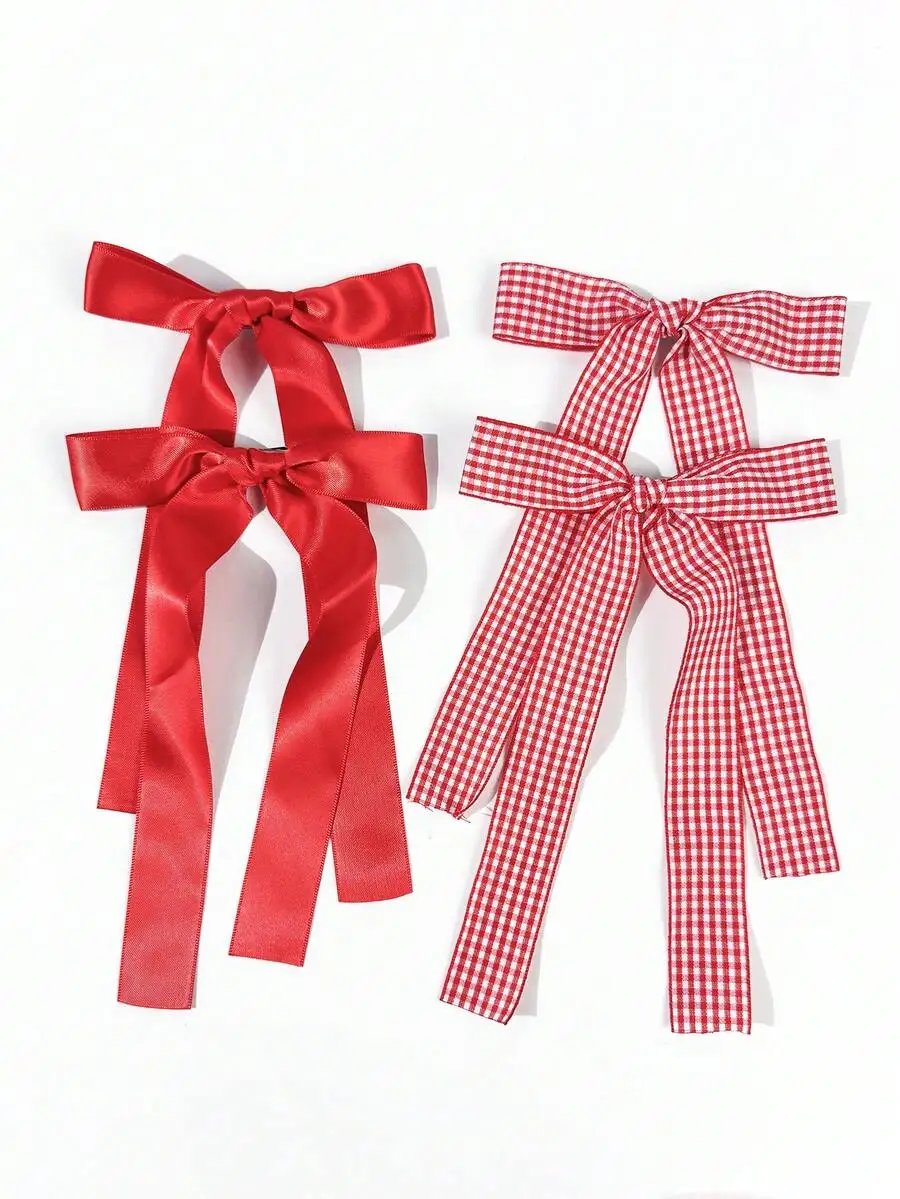 

4pcs Womens Satin And Plaid Ribbon Bow Hair Ribbons For Daily Wear Travel Birthday