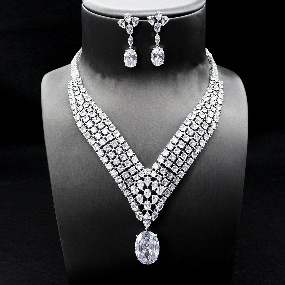 

HIBRIDE Luxury Big Water Drop 2PCS Zirconia Necklace And Earring Sets For Women Bridal Jewelry Sets Dubai Nigeria Wedding N-103