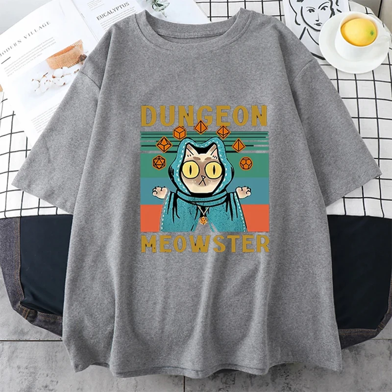 Kawaii Dungeon Meowster Classic T Shirt Retro DnD Game Fabric Graphic Tshirts Women Men Summer Cotton Loose O-neck Tshirt