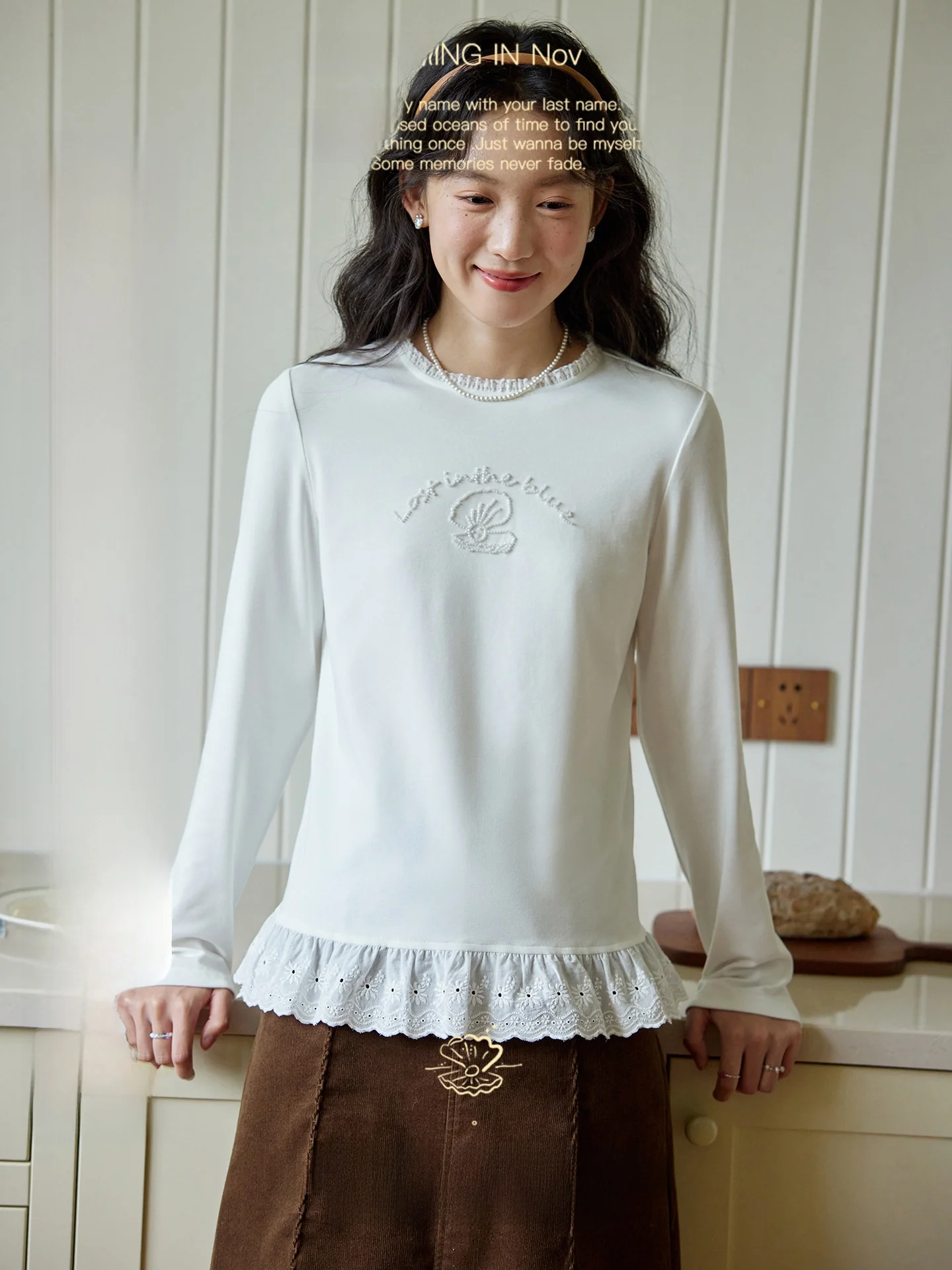 

Женская базовая футболка Novetell с вышивкой бисером, длинным рукавом и круглым вырезом, осенняя, комфортная, дышащая, вязаная