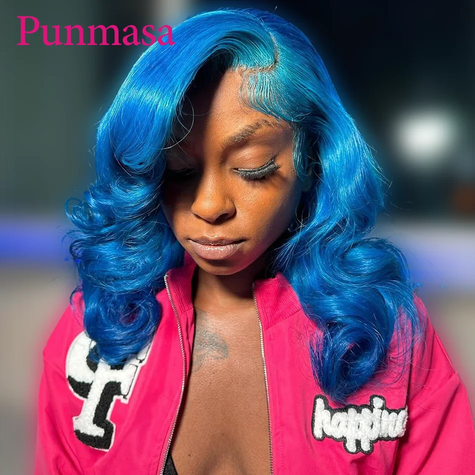 Punmasa Ocean Blue Color Peruvian Hair 200% 13x6 Lace Front Wig Body Wave 13x4 Wear Go Human Hair Transparent Lace Wigs 34 Inch