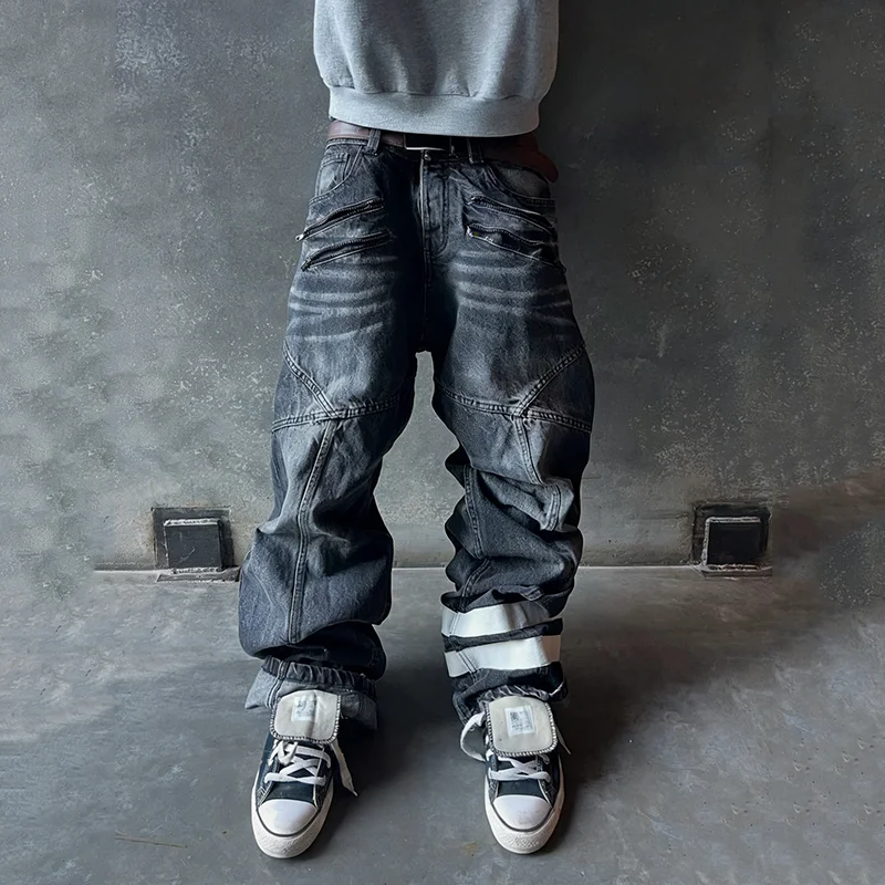 

Spring new American retro high street ins trendy jeans straight leg loose dark printed casual pants long pants