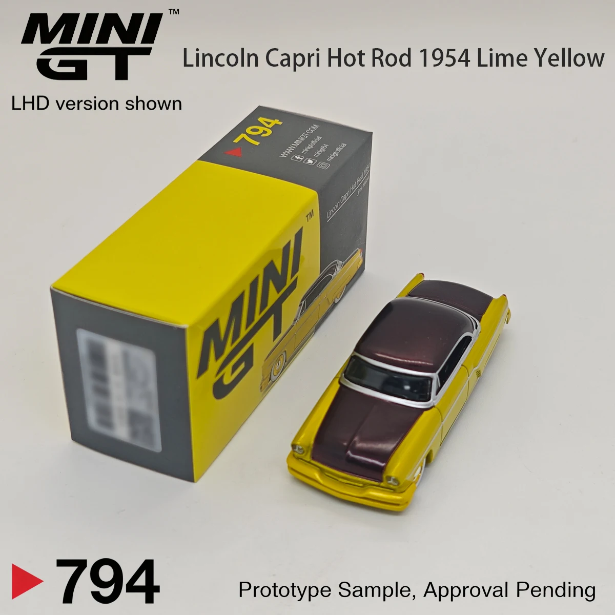 MINIGT 794 1:64 Lincoln Capri Hot Rod 1954 MGT00794 LHD Lime Yellow Maroon Two-Tone Paint Diecast Model Car in Stock