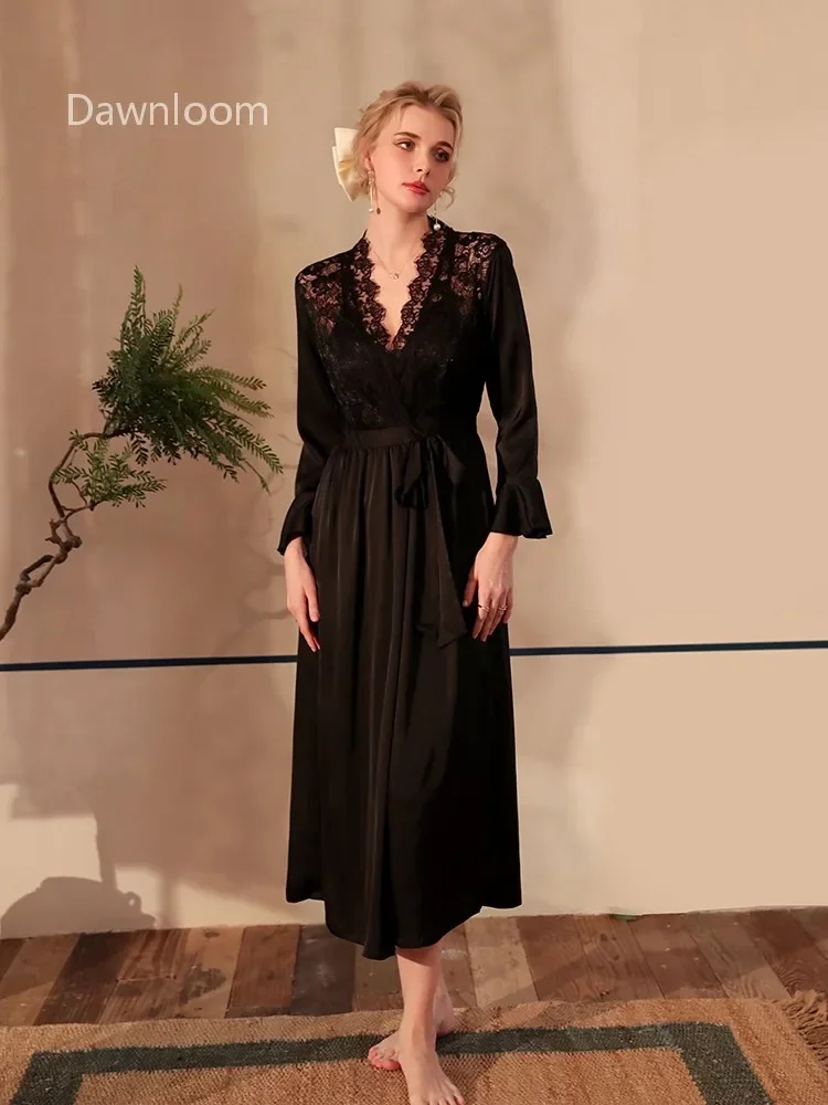 

Dawnloom Women's Black Satin Lace V-Neck Robe with Bell Sleeves And Tie-Waist Sexy Luxury Elegant Home Loungewear