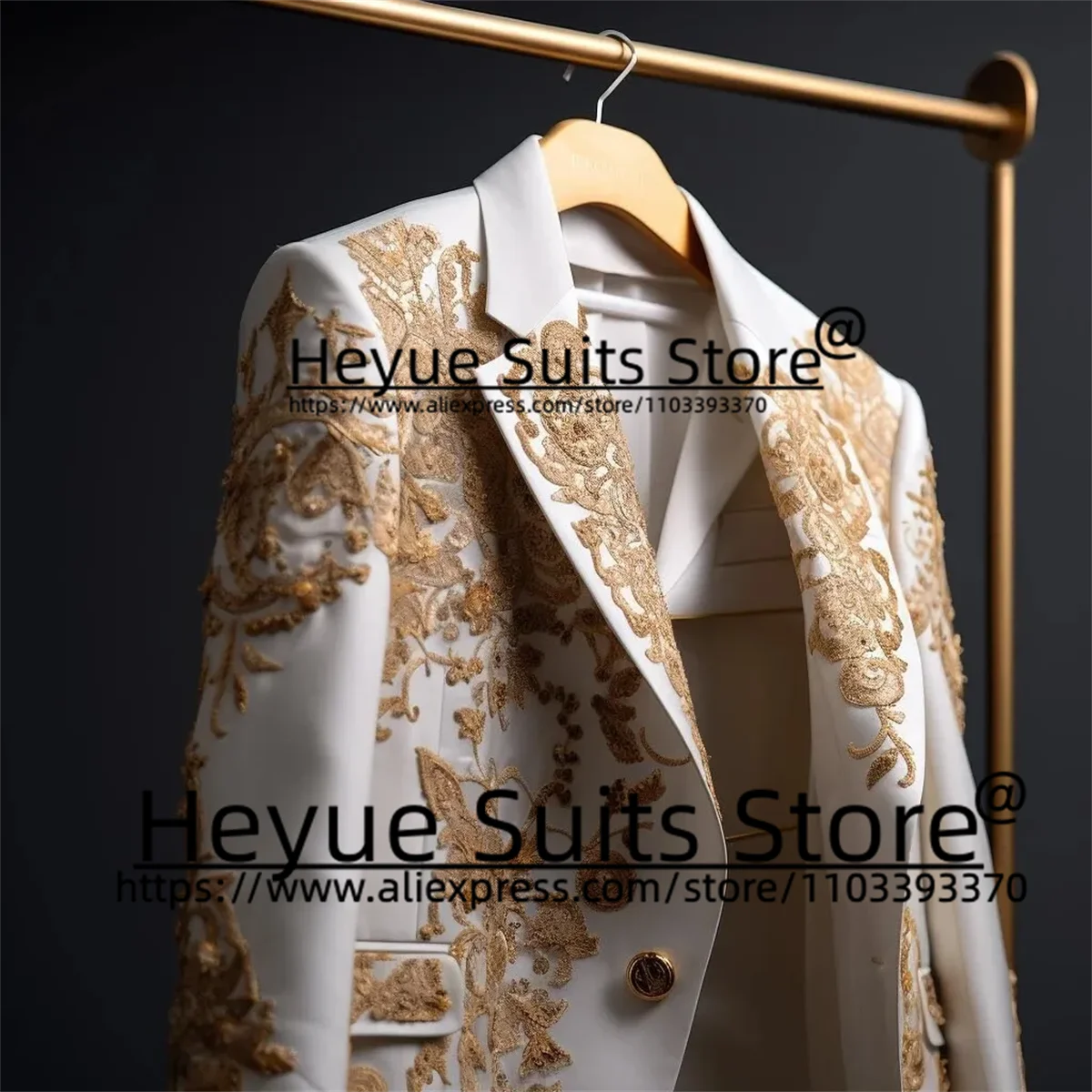 Luxuly Gold Embroidery Wedding Men Suits Tailor Made Slim Fit Groom Prom Tuxedos 2 Pieces Sets Elegant Male Blazer Costume Homme