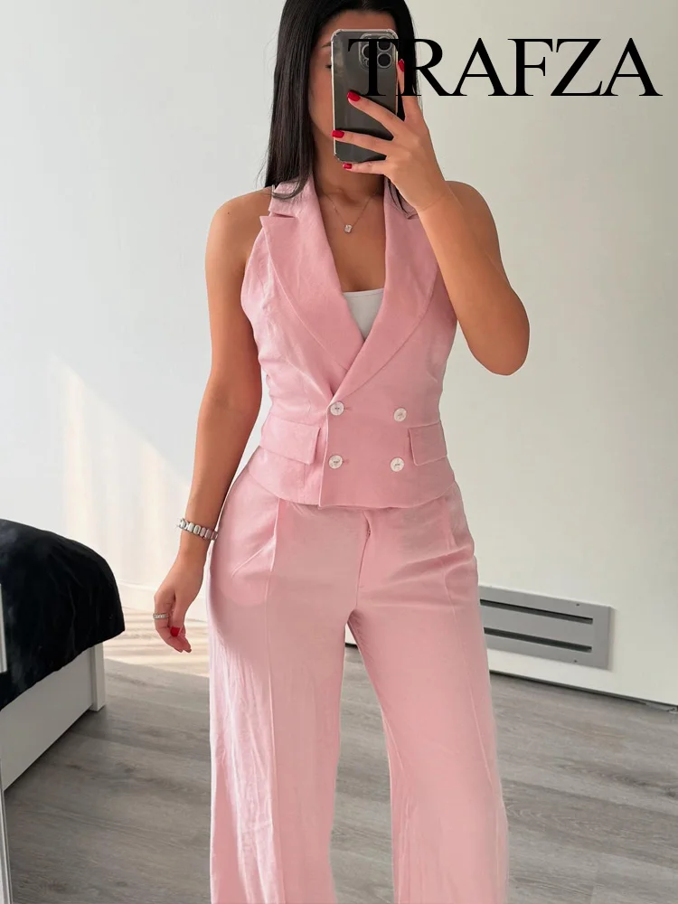 

TRAFZA Women Beads Decoration Black Pants Suit One-Neck Back Zipper Backless Sleeveless Vest Type Top+Loose Wide-leg Pants