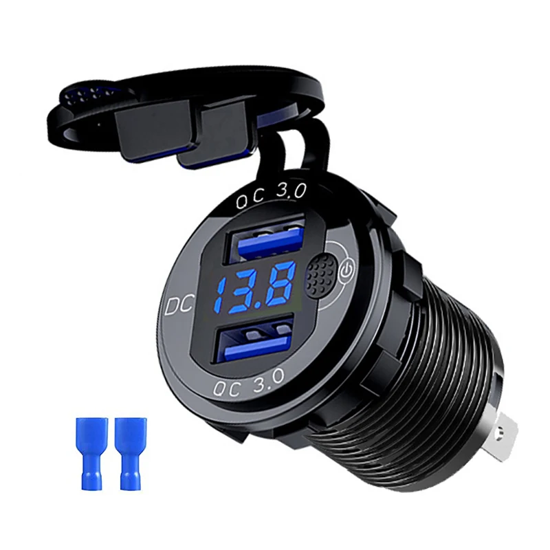 Snellader Aluminium QC3.0 Dual USB-autolader met schakelaarknop LED-spanningsweergave voor 12V / 24V auto's boten motorfiets