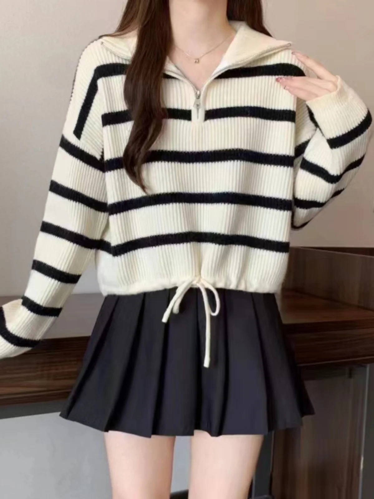 سترة محبوكة مخططة بلون Blo f مع حاشية Dstring سترة تنحيف علوية كورية Sle Commute Faion بلوفر نسائي #1