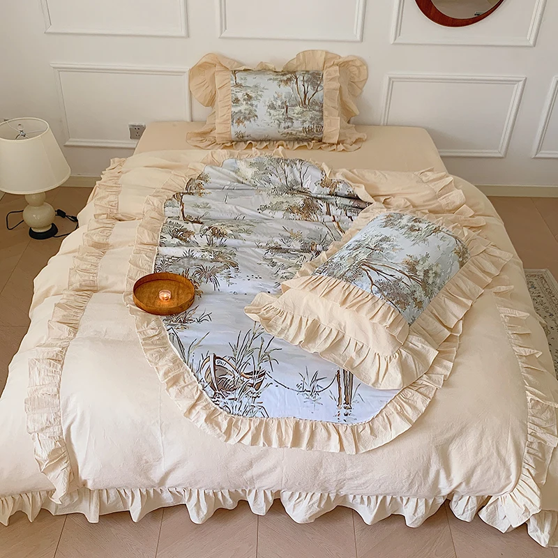 

100% Cotton Bedding Set Luxury 4pcs Europe Vintage Pastoral Printed Ruffles Duvet Cover Bedspreads Fitted Bed Sheet Pillowcases