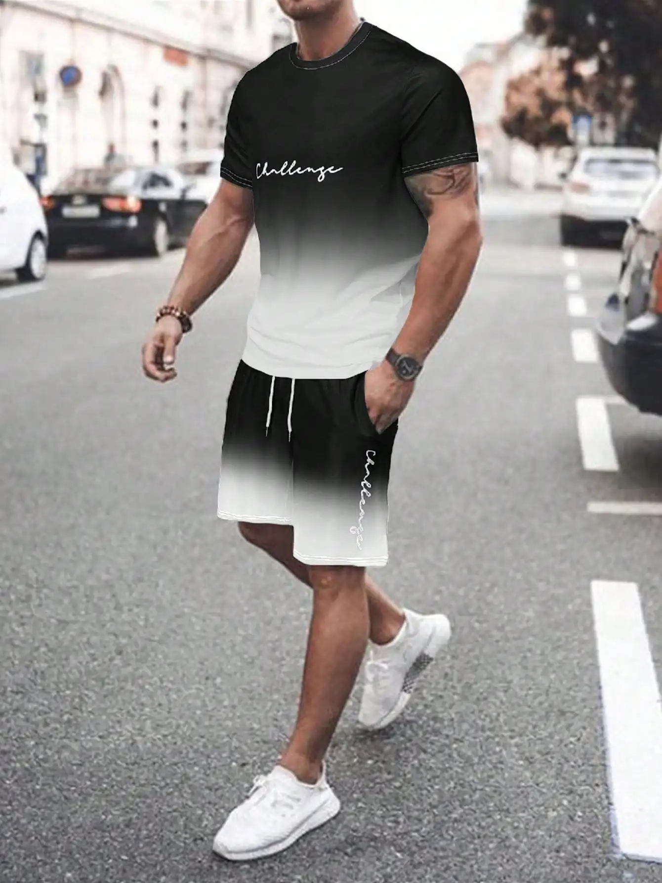 Fashion Hot Selling Men's Summer Progressive Letter Printed Round Neck T-shirt Shorts Set Casual Fashion Outdoor Travel Wear