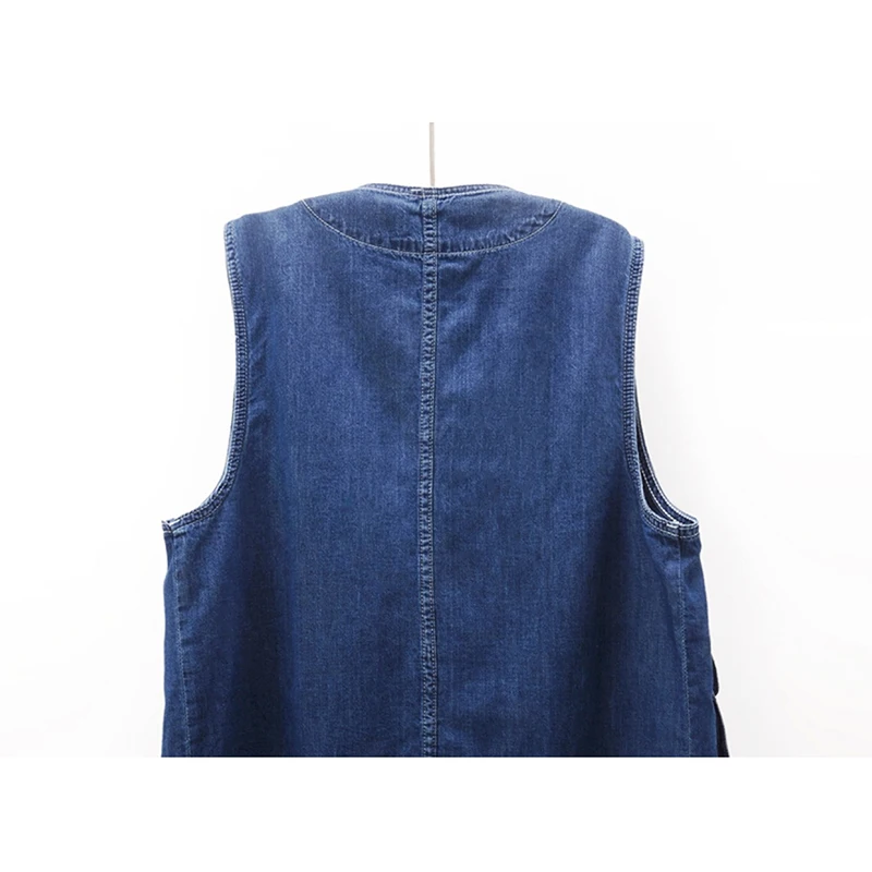 Korean Vintage Dark Blue Big Pocket Denim Vest Women Loose Mid Long Cowboy Waistcoat Casual Sleeveless Jeans Jacket Coat Female